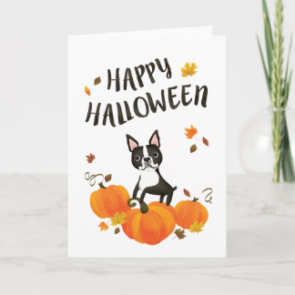 Boston Terrier Pumpkin Fall Leaves Halloween Card