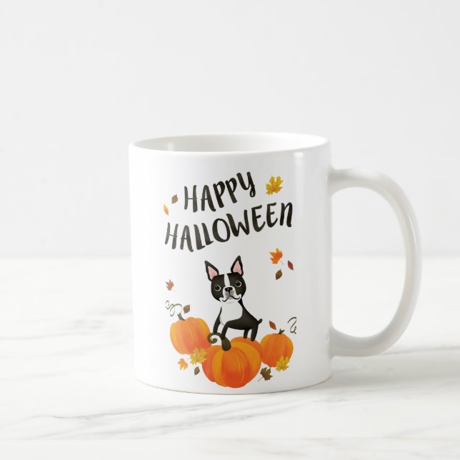 Boston Terrier Pumpkin Fall Leaves Halloween Mug (Right)