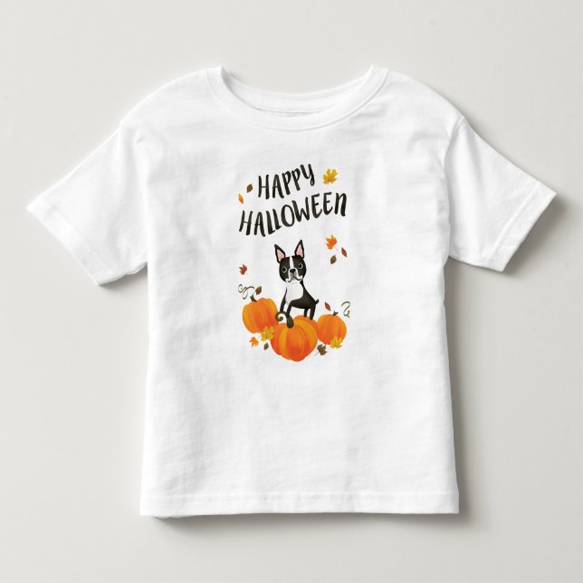 Boston Terrier Pumpkin Fall Leaves Halloween Shirt (Front)