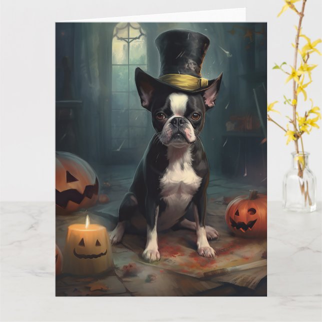 Boston Terrier Pumpkins Halloween Scary Card (Yellow Flower)