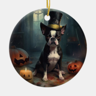 Boston Terrier Pumpkins Halloween Scary Ceramic Tree Decoration