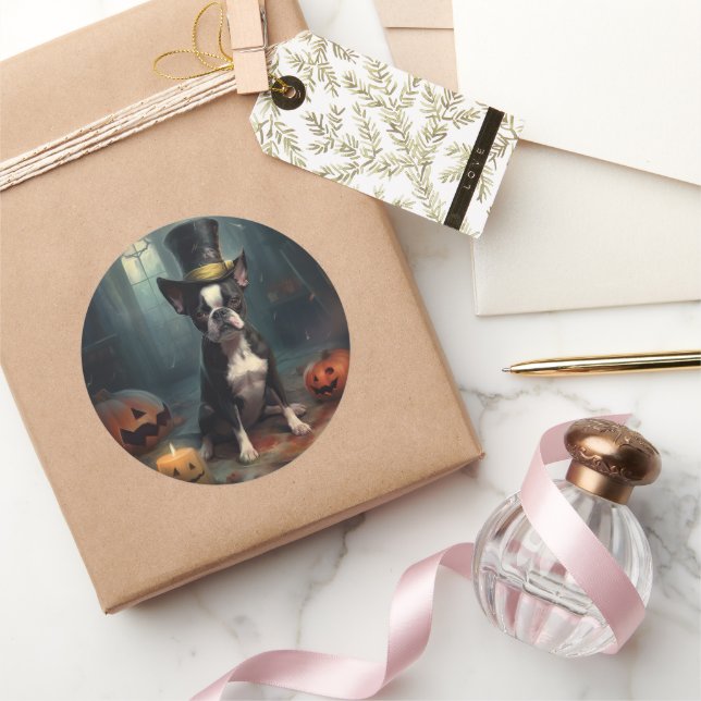 Boston Terrier Pumpkins Halloween Scary Classic Round Sticker (Gifting)