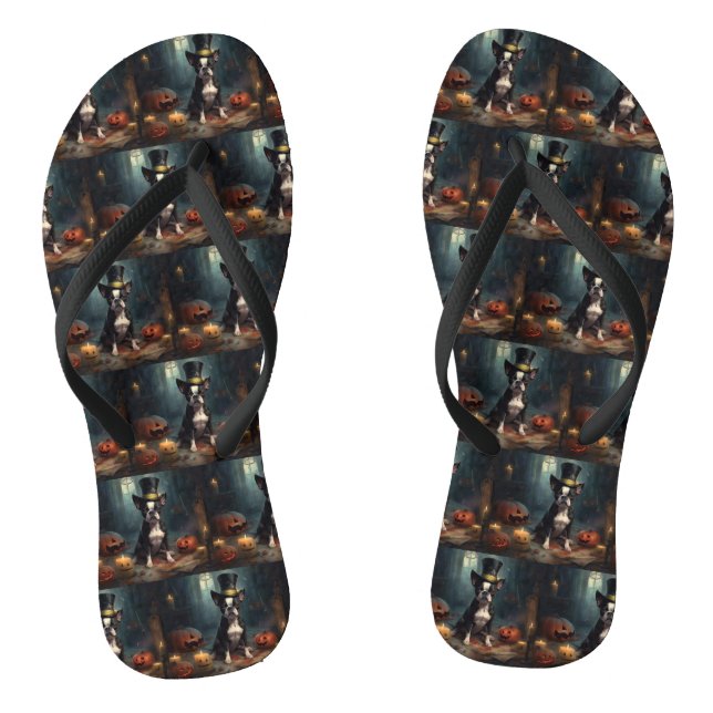 Boston Terrier Pumpkins Halloween Scary Flip Flops (Footbed)