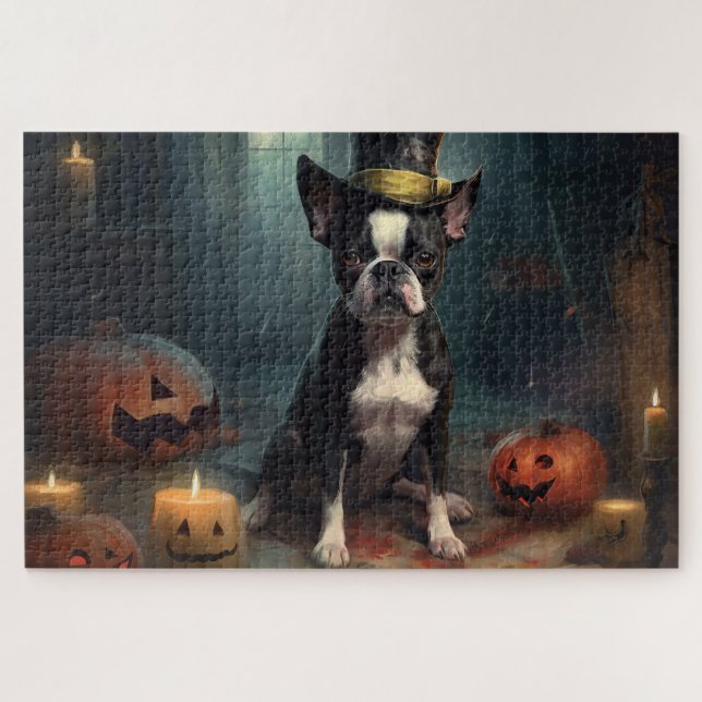 Boston Terrier Pumpkins Halloween Scary Jigsaw Puzzle (Horizontal)