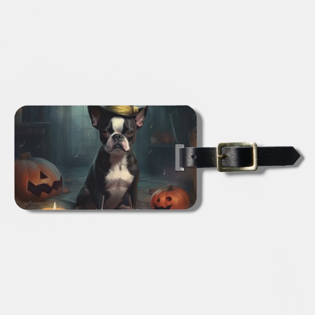Boston Terrier Pumpkins Halloween Scary Luggage Tag (Front Horizontal)