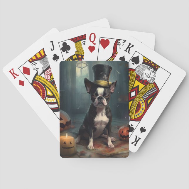 Boston Terrier Pumpkins Halloween Scary Playing Cards (Back)