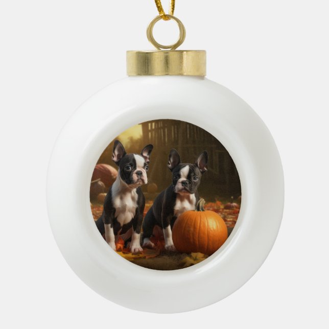 Boston Terrier Puppy Autumn Delight Pumpkin Ceramic Ball Christmas Ornament (Front)