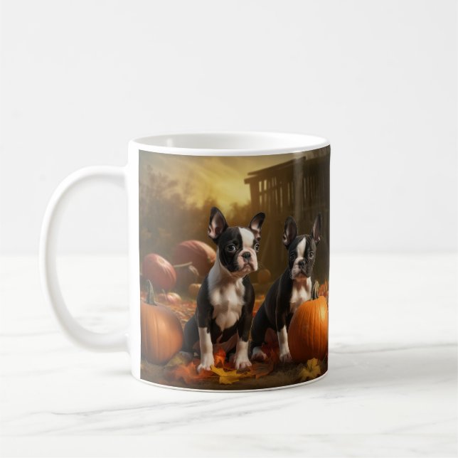 Boston Terrier Puppy Autumn Delight Pumpkin Coffee Mug (Left)
