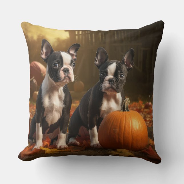 Boston Terrier Puppy Autumn Delight Pumpkin Cushion (Front)
