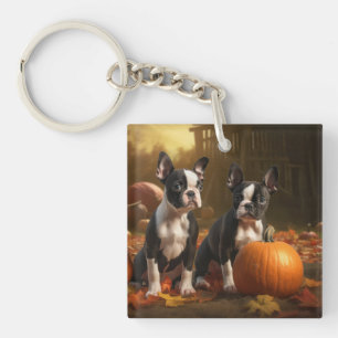 Boston Terrier Puppy Autumn Delight Pumpkin Key Ring