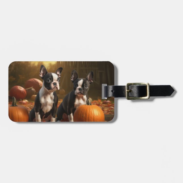 Boston Terrier Puppy Autumn Delight Pumpkin Luggage Tag (Front Horizontal)