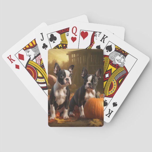 Boston Terrier Puppy Autumn Delight Pumpkin Playing Cards (Back)