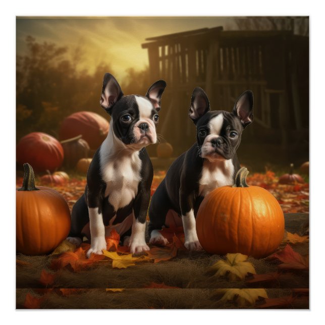 Boston Terrier Puppy Autumn Delight Pumpkin Poster (Front)