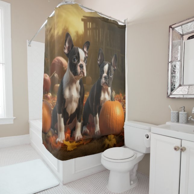 Boston Terrier Puppy Autumn Delight Pumpkin Shower Curtain (In Situ)
