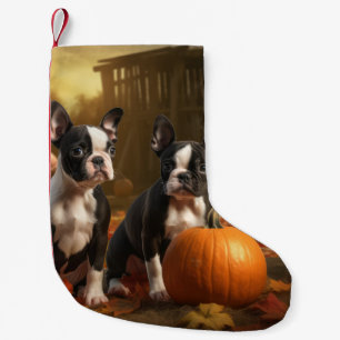Boston Terrier Puppy Autumn Delight Pumpkin Small Christmas Stocking