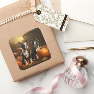 Boston Terrier Puppy Autumn Delight Pumpkin Square Sticker