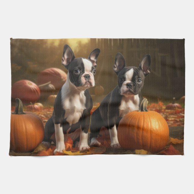 Boston Terrier Puppy Autumn Delight Pumpkin Tea Towel (Horizontal)