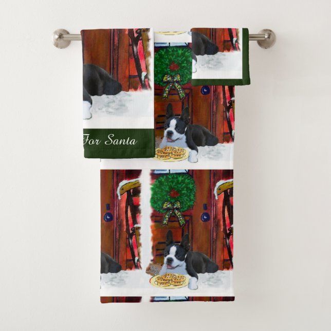 Boston Terrier Puppy Christmas Bath Towel Set (Insitu)