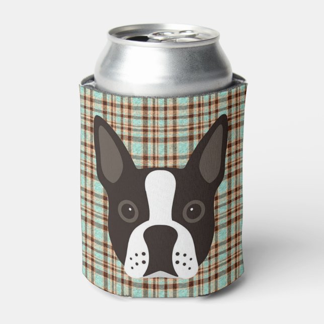 Boston Terrier Puppy Dog Tartan Plaid Can Cooler (Can Front)