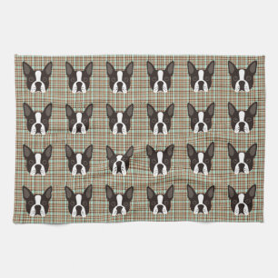 Boston Terrier Puppy Dog Tartan Plaid Tea Towel