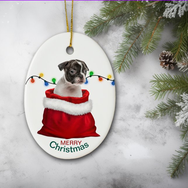 Boston Terrier Puppy in Gift Bag Ceramic Tree Decoration (Creator Uploaded)