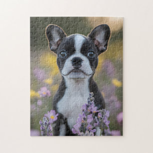 Boston Terrier Puppy Lupine Flowers Jigsaw Puzzle