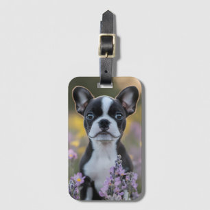 Boston Terrier Puppy Lupine Flowers Luggage Tag