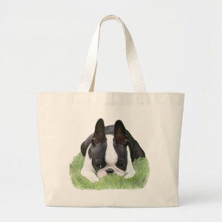 Boston terrier puppy resting large tote bag