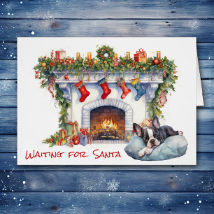 Boston Terrier Puppy Wait on Santa Fireplace