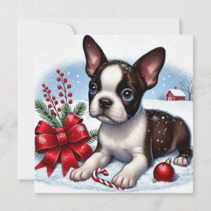  Boston Terrier Puppy With Christmas Decorations Holiday Card