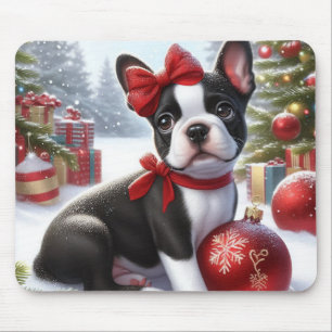 Boston Terrier Puppy with Christmas Ornaments Mouse Mat