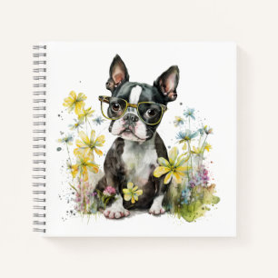 Boston Terrier Puppy with Glasses in Wildflowers Notebook