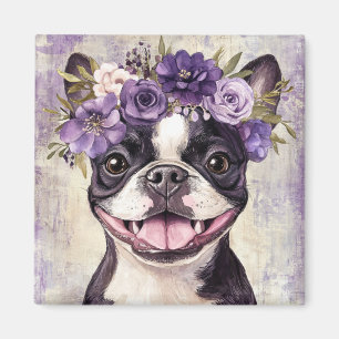 Boston Terrier Purple Floral Kitchen Magnet