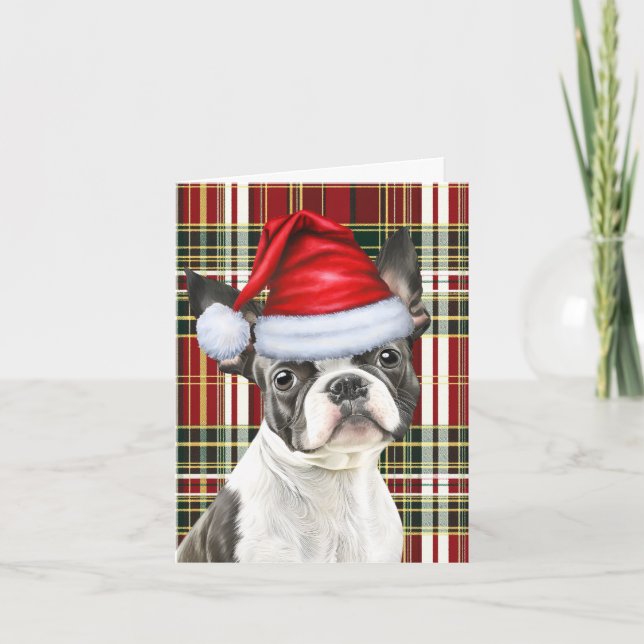 Boston Terrier Red Green Seasonal Plaid Christmas Holiday Card (Front)