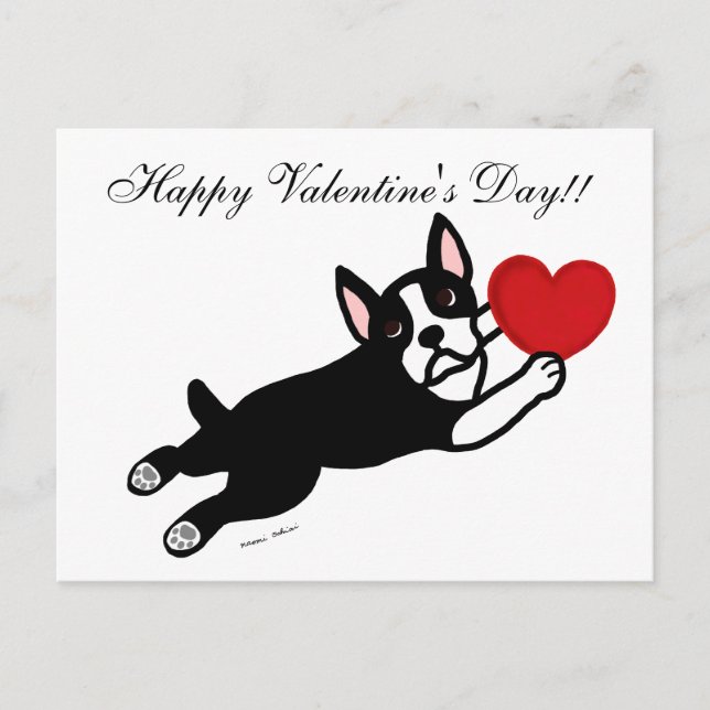 Boston Terrier & Red Heart Cartoon Holiday Postcard (Front)