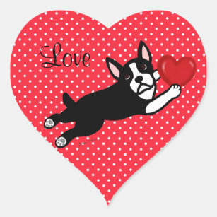 Boston Terrier & Red Heart Cartoon Love Heart Sticker
