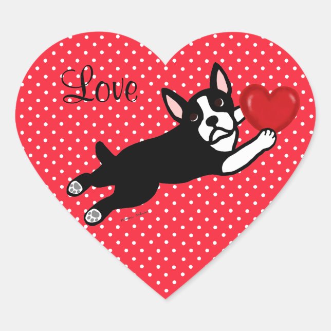 Boston Terrier & Red Heart Cartoon Love Heart Sticker (Front)