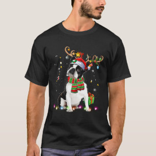 Boston Terrier Reindder Santa Hat Christmas Tree L T-Shirt