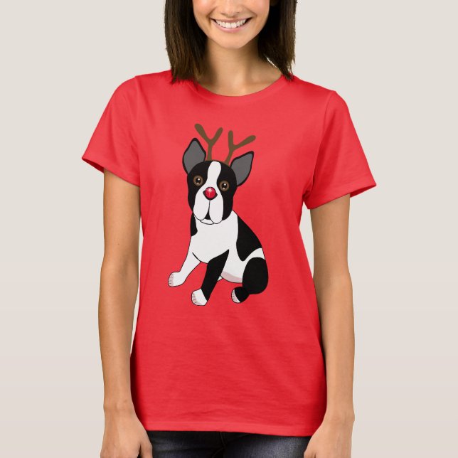 Boston Terrier Reindeer T-Shirt (Front)