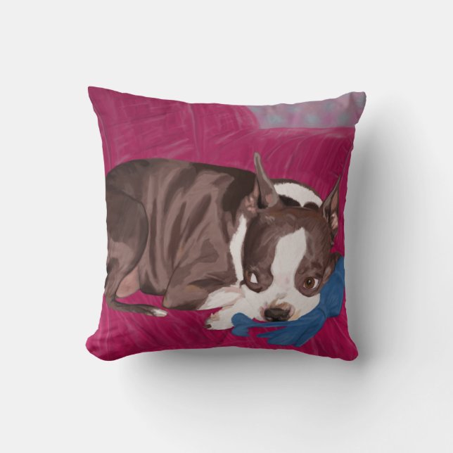 Boston Terrier Resting on Red Couch -Digital Paint Cushion (Front)
