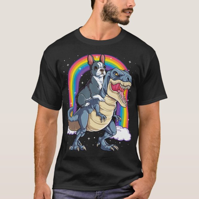 Boston Terrier Riding Dinosaur T rex T-Shirt (Front)