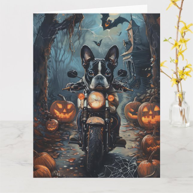 Boston Terrier Riding Motorcycle Halloween Scary Card (Yellow Flower)