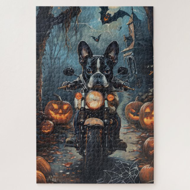 Boston Terrier Riding Motorcycle Halloween Scary Jigsaw Puzzle (Vertical)