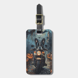Boston Terrier Riding Motorcycle Halloween Scary Luggage Tag