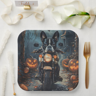 Boston Terrier Riding Motorcycle Halloween Scary Paper Plate