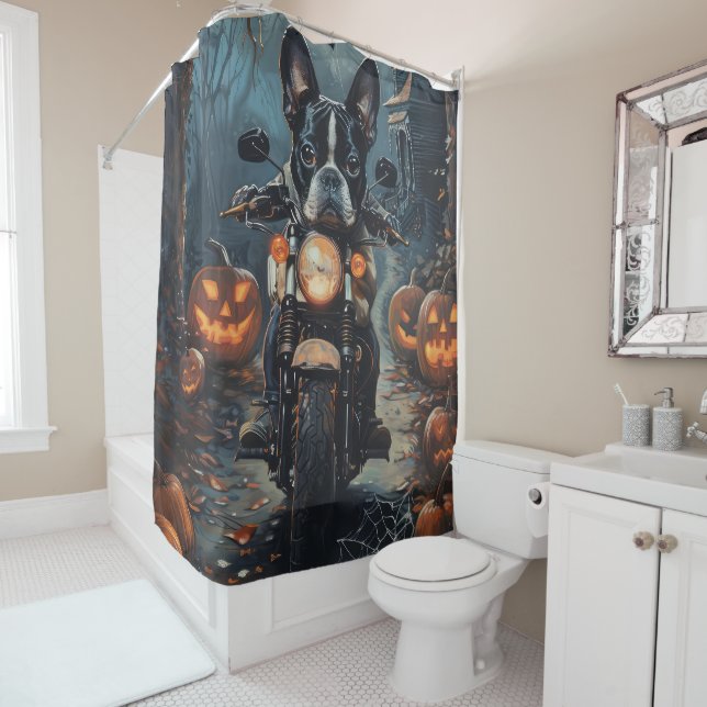 Boston Terrier Riding Motorcycle Halloween Scary Shower Curtain (In Situ)