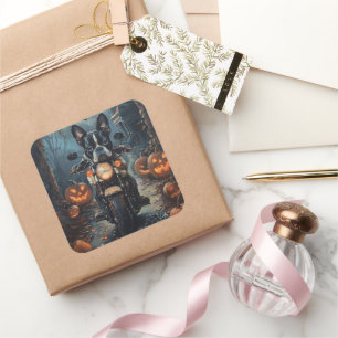 Boston Terrier Riding Motorcycle Halloween Scary Square Sticker