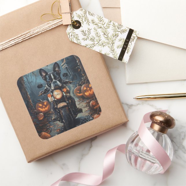 Boston Terrier Riding Motorcycle Halloween Scary Square Sticker (Gifting)