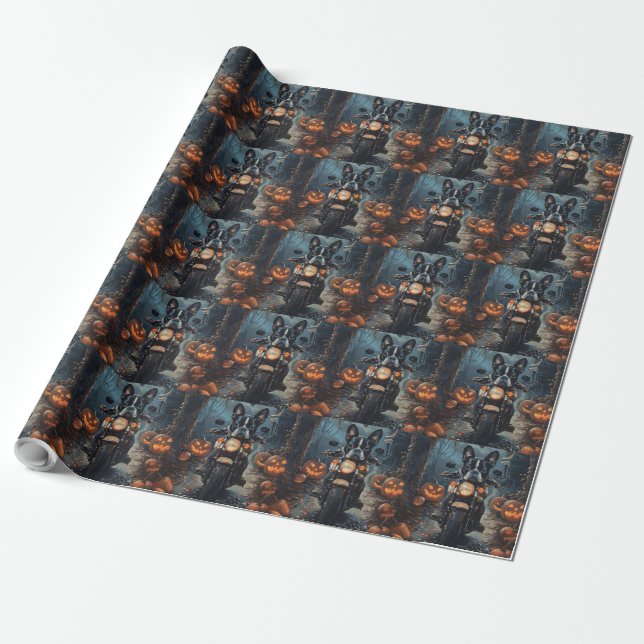 Boston Terrier Riding Motorcycle Halloween Scary Wrapping Paper (Unrolled)