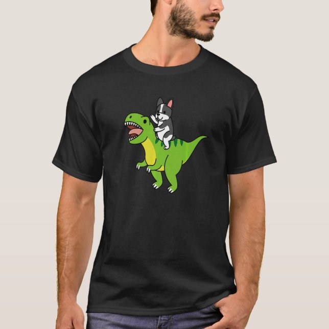 Boston Terrier Riding Rex Dinosaur Dog   T-Shirt (Front)